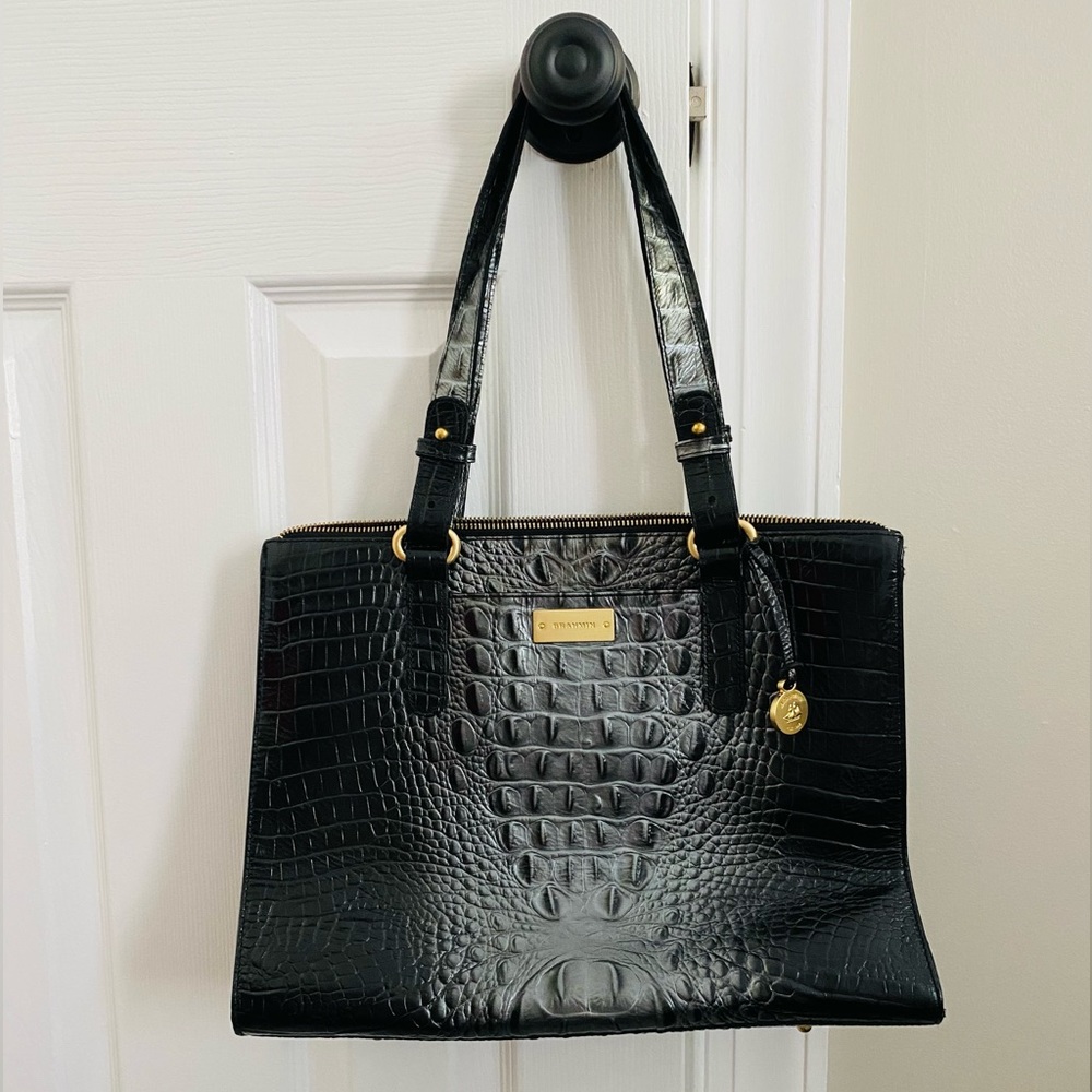 Brahmin Black Leather Melbourne Croc Pattern Handbag w/ Dust Bag